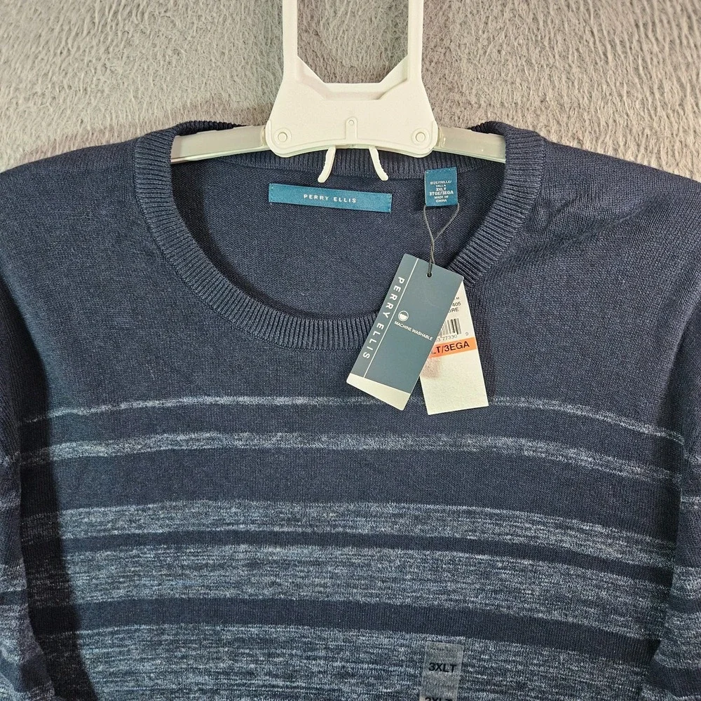$99 NEW Perry Ellis Sweater Men 3XLT Tall Knit‎ Navy Gray Striped Cotton Blend